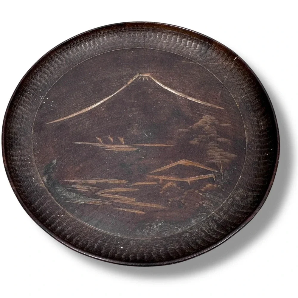 Vintage Mount‎ Fuji Hand Carved Japanese Wooden Plate 5.5